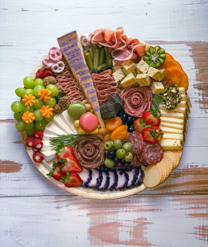 overhead view of medium custom charcuterie board by 2 Board Sisters